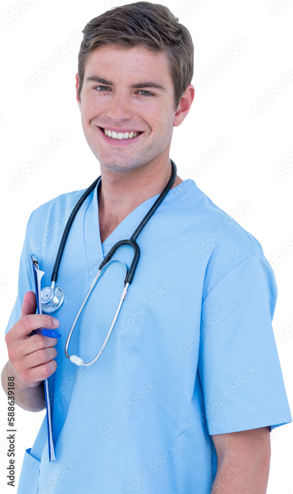 Portrait of smiling doctor holding clipboard Portrait of smiling doctor holding clipboard
