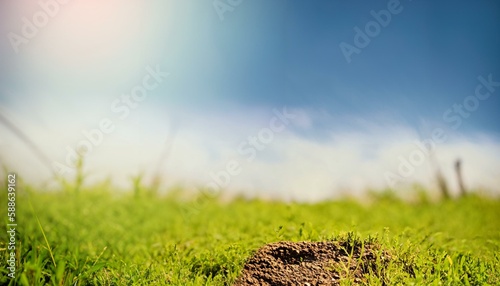 Meadow and earth in the foreground. Blurred background. Ideal to present a product. Banner / Wallpaper / Header.