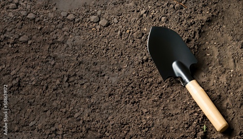 Dark earth with a black shovel / spade. Space for text. Ideal as background.