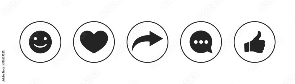 Social media icons thumb up and heart icon with repost and comment. Flat signs icons on white background. Vector