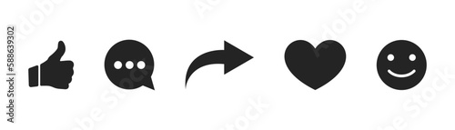Social media icons thumb up and heart icon with repost and comment. Flat signs icons on white background. Vector