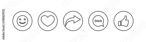 Social media icons thumb up and heart icon with repost and comment. Flat signs icons on white background. Vector