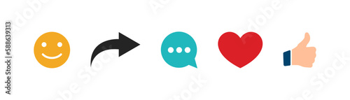 Social media icons thumb up and heart icon with repost and comment. Flat signs icons on white background. Vector