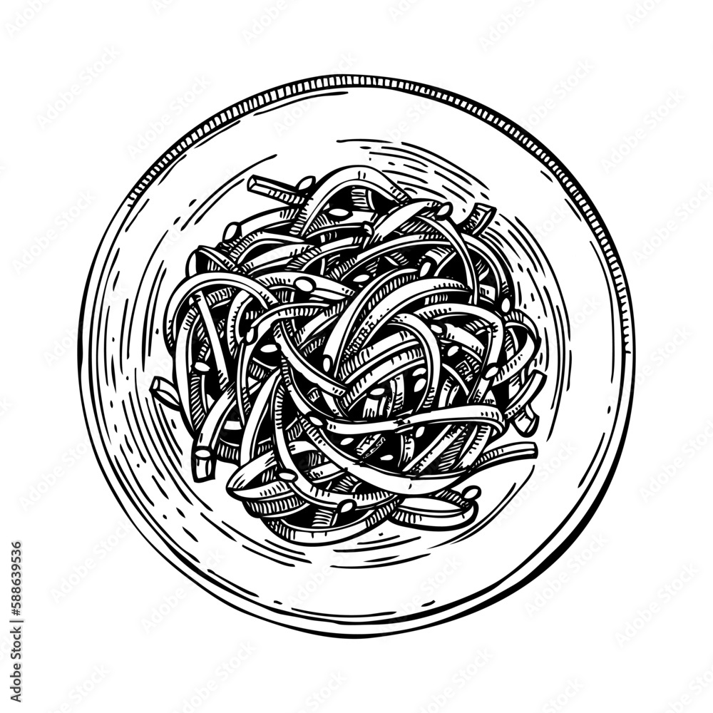 Hand drawn bowl with wakame salad. Seaweed salad sketch isolated on