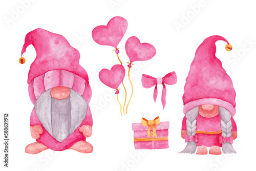  Watercolor valentine's day gnomes collection, hand drawn watercolor vector illustration for greeting card or invitation design