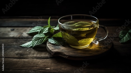 Green tea on rustic wooden background (Generative AI)