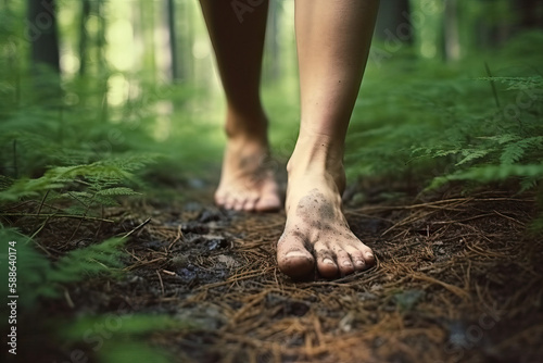 Close-up of Person's Dirty Feet Walking in The Woods on a Trail, Barefoot, Generative AI photo