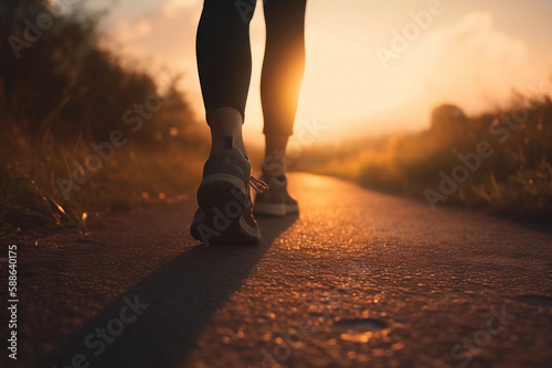 Close-up of Woman's Feet Walking on The Road in the Sunset, Wearing Sport Footwear, Generative AI