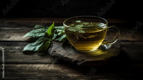 Green tea on rustic wooden background (Generative AI)