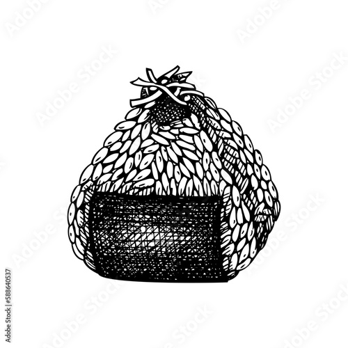 Hand-drawn onigiri sketch. Japanese rice ball drawing in engraved style. Japanese food illustration isolated on white background. Rice ball wrapped with dried nori. Edible seaweed recipe