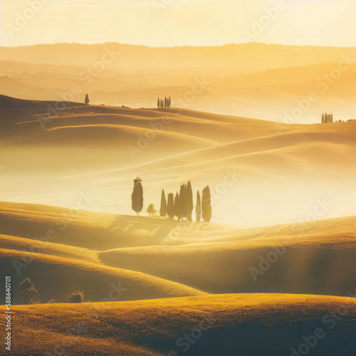 Tuscan rolling hills with cypresses and oak trees, generative AI illustration