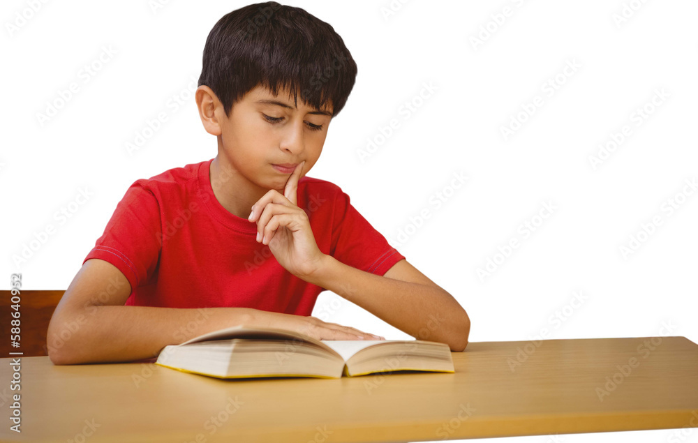 Cute boy reading book in library Cute boy reading book in library