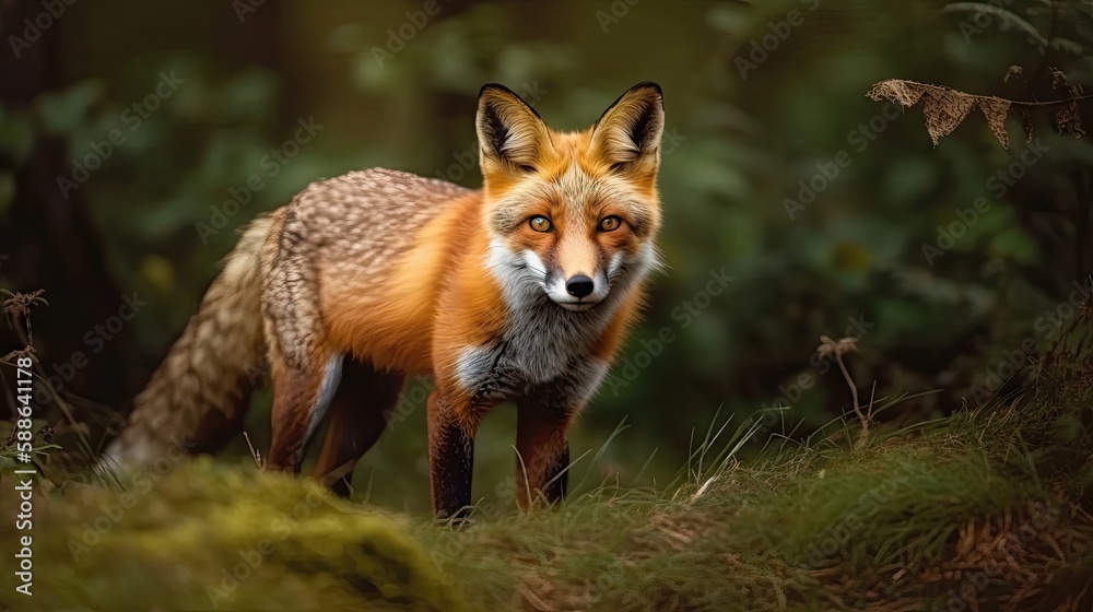 Red fox hunting, vulpes wildlife scene. Generative AI Red fox hunting, vulpes wildlife scene. Generative AI