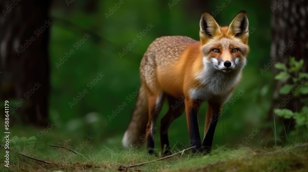Red fox hunting, vulpes wildlife scene. Generative AI Red fox hunting, vulpes wildlife scene. Generative AI