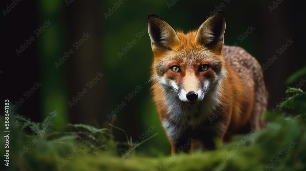 Fototapeta premium Red fox hunting, vulpes wildlife scene. Generative AI