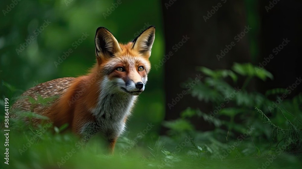 Fototapeta premium Red fox hunting, vulpes wildlife scene. Generative AI