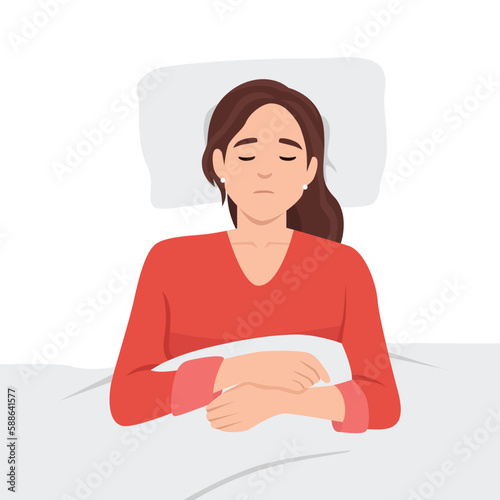 Young woman sleeping on the bed. Female lying on comfortable bed. Concept of healthy sleeping, resting, relaxation, good dream, sleep well bed time, get enough sleep