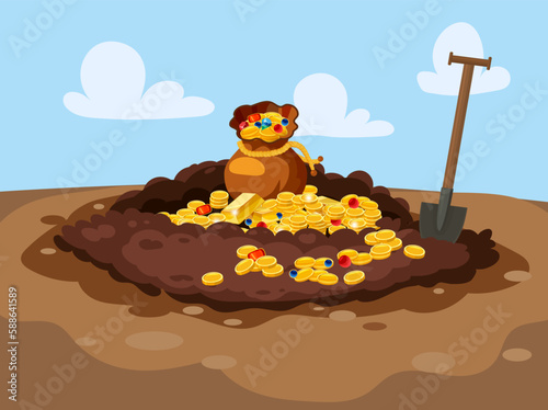 Treasure bag full of treasures, gold coins, Digging Hole in the ground,