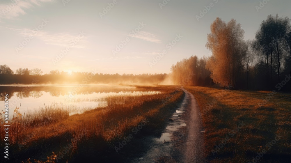 Lake and road at sunset. Generative AI Lake and road at sunset. Generative AI