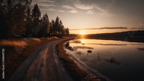 Lake and road at sunset. Generative AI