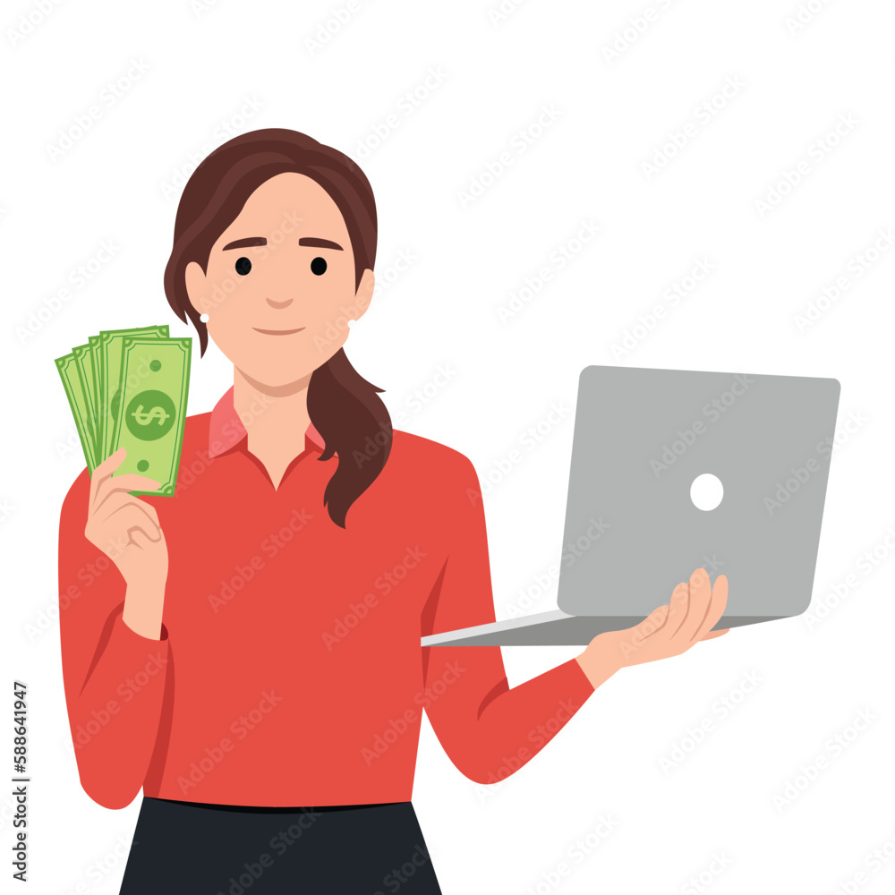 Trendy young woman holding laptop computer and showing cash, money, currency notes. Girl using digital device. Female character design illustration Trendy young woman holding laptop computer and showing cash, money, currency notes. Girl using digital device. Female character design illustration
