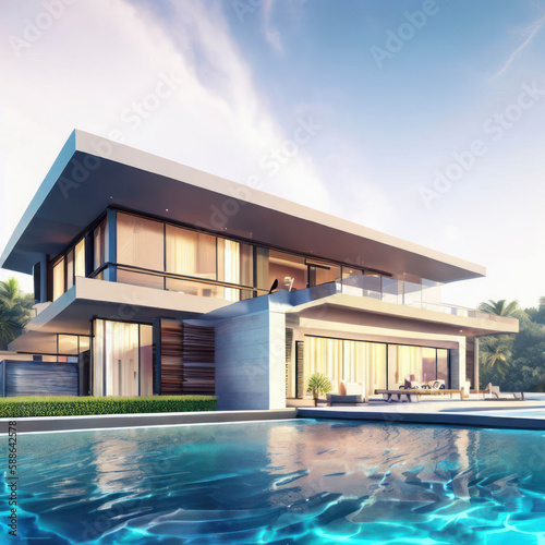 Modern villa and a luxurious infinity pool, photorealistic generative AI illustration © SvetlanaSF