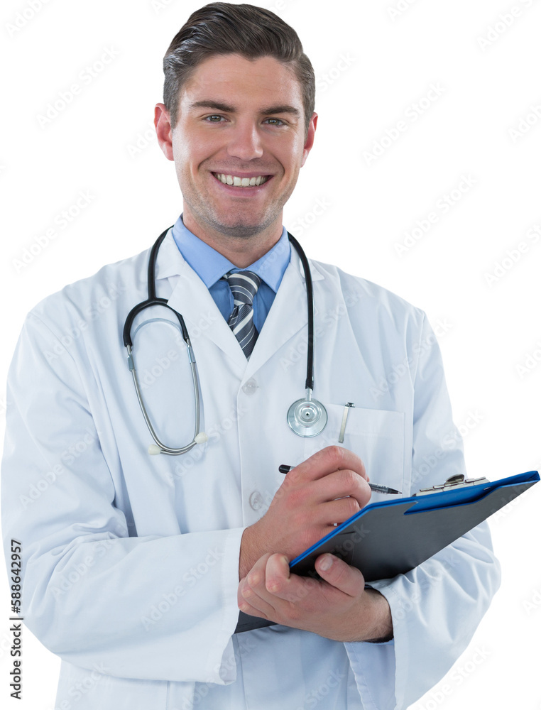 Portrait smiling doctor writing on clipboard Portrait smiling doctor writing on clipboard