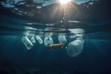 An image of trash plastic bottles drifting in the ocean, generative AI