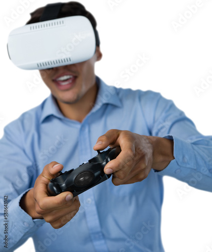 Young businessman wearing VR glasses while playing video game