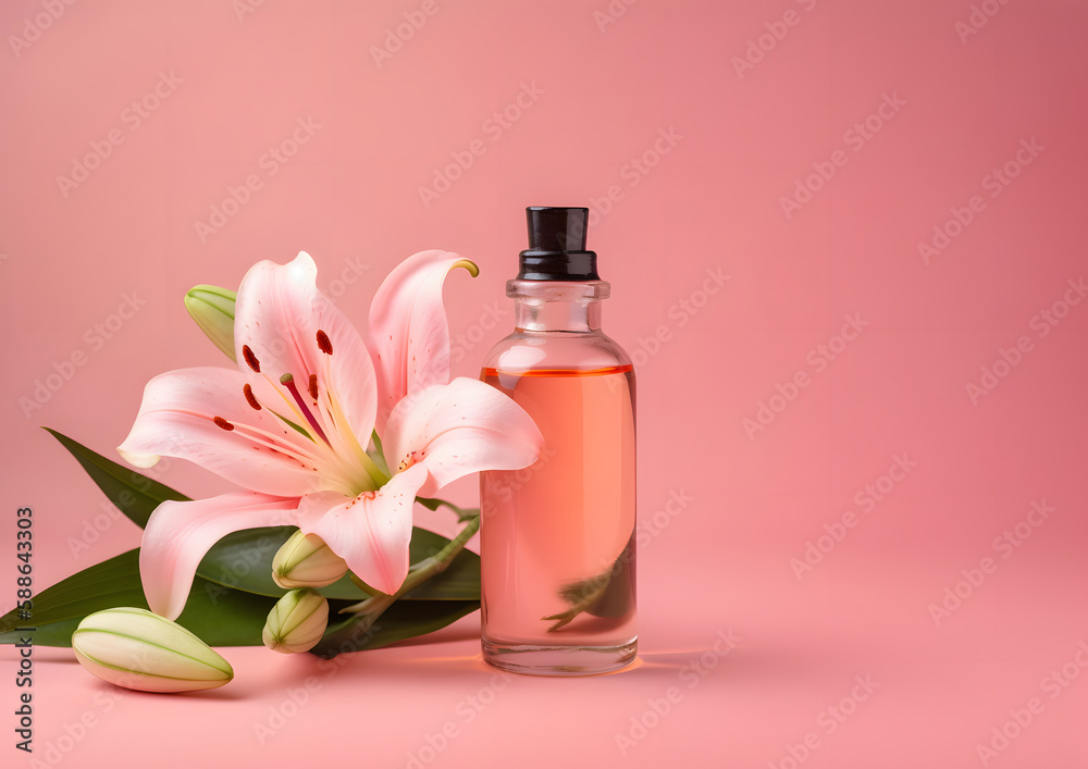 Essential lily Oil in Glass Bottle with Fresh lily Flowers isolated on pink, Copy space, Banner, Generative AI

