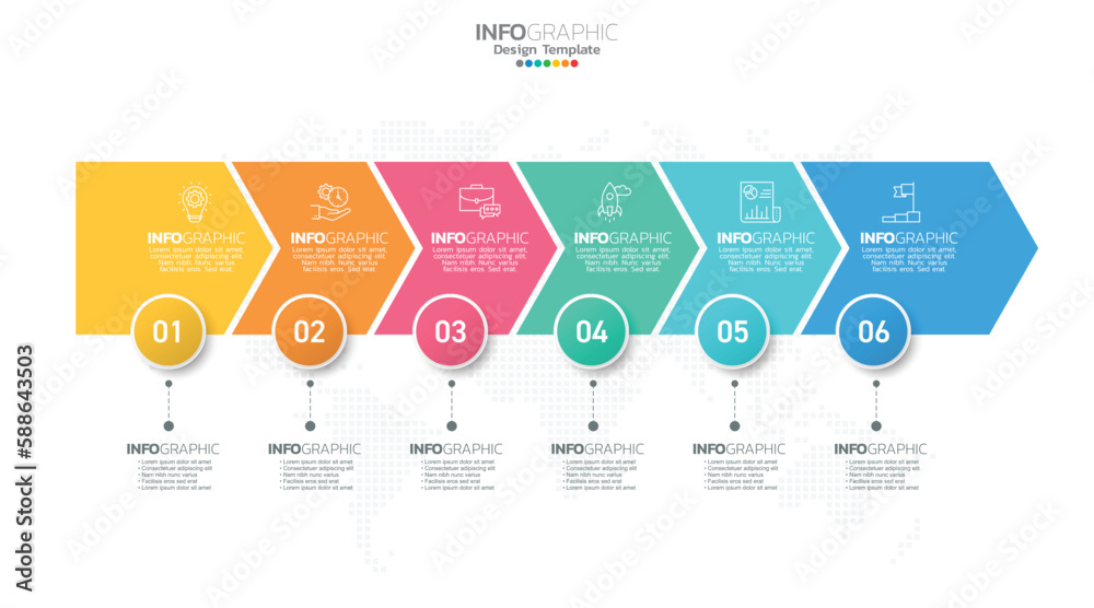 Timeline infographic vector with 6 steps can be used for workflow