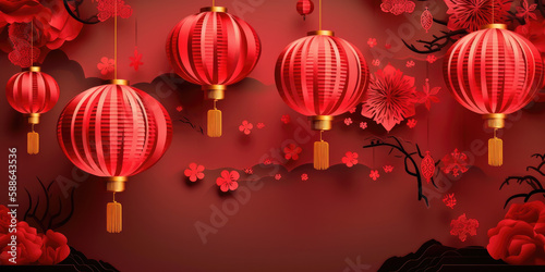 Lunar New Year, Chinese New Year yellow and red background, generative AI