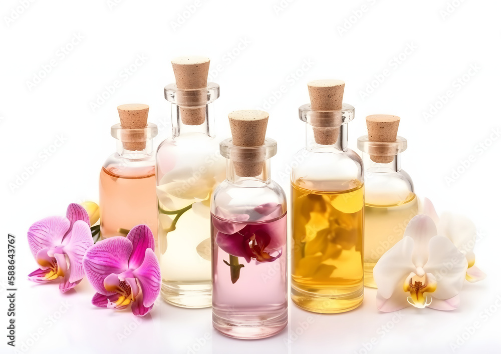 Elegant Essential Orchids Oil in Glass Bottle with Fresh Orchids, isolated on white, Generative AI