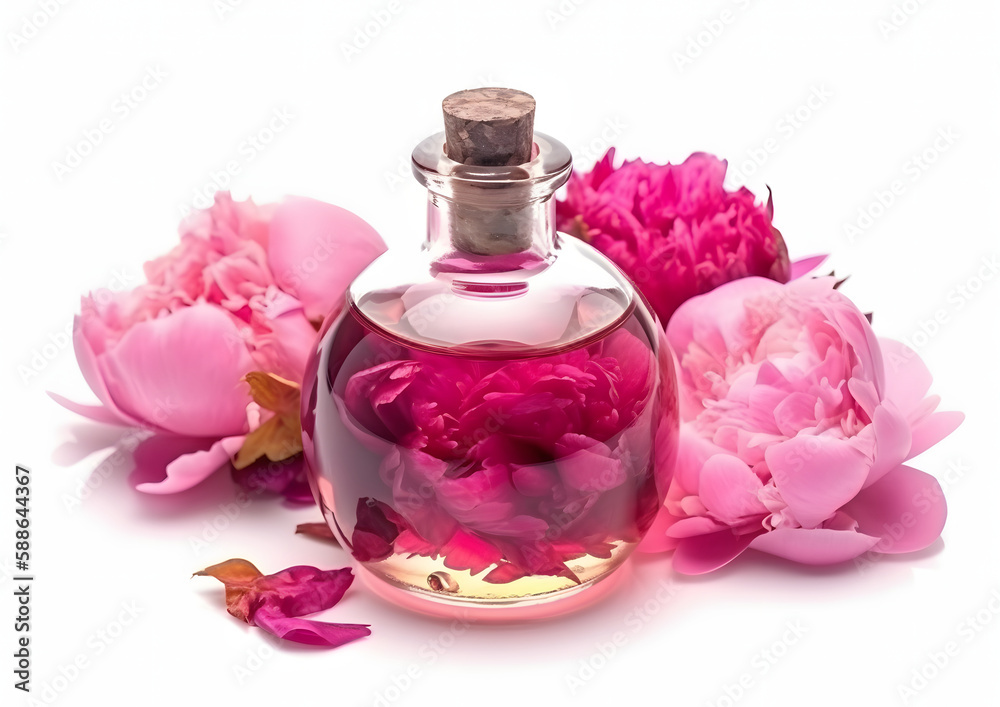 Fresh and Fragrant: Essential Rose Oil in Glass Bottle isolated on white