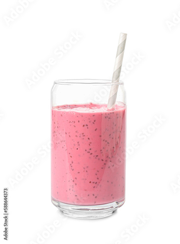 Glass of tasty pink smoothie with straw on white background