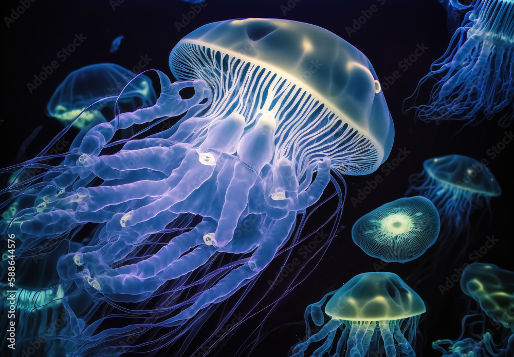 glowing jellyfish in the dark deep sea with bioluminescence - Theme ...