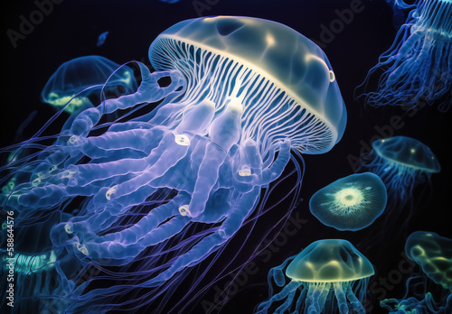 glowing jellyfish in the dark deep sea with bioluminescence - Theme Ocean and Life in the Deep Sea - Generative AI