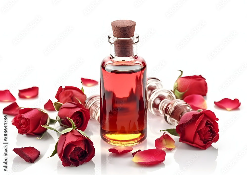 Fresh and Fragrant: Essential Rose Oil in Glass Bottle isolated on white Fresh and Fragrant: Essential Rose Oil in Glass Bottle isolated on white