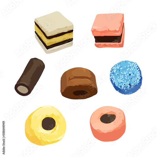 Liquorice allsorts. Hand drawn watercolor vector illustration