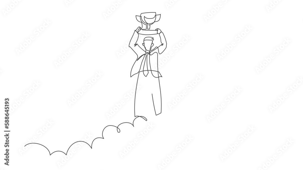 Self drawing animation of single line draw businessman holding trophy in cloud. Manager celebrates victory in sky. Business success achievement. Winning award. Continuous line. Full length animated Self drawing animation of single line draw businessman holding trophy in cloud. Manager celebrates victory in sky. Business success achievement. Winning award. Continuous line. Full length animated