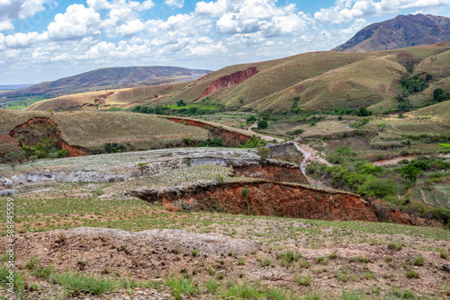 Devastated Madagascar landscape, Mandoto, Province Vakinankaratra. Deforested highland countryside with erosion. Massive deforestation creates agricultural pastoral land but also ecology problem.
