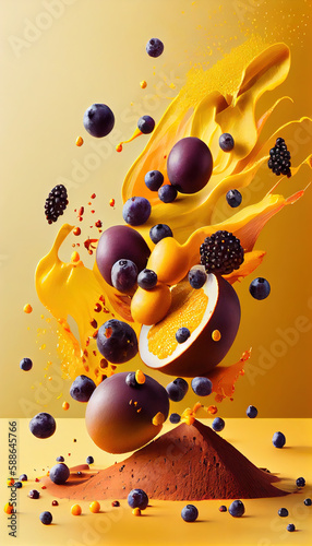 Group of Acai Berries Fruits Creatively Falling-Dripping Flying or Splashing on Yellow Background AI Generative