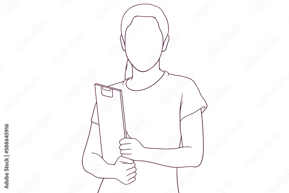 Young Woman Holding a Folder. Business and Office Concept. Hand Drawn Vector Illustration Young Woman Holding a Folder. Business and Office Concept. Hand Drawn Vector Illustration