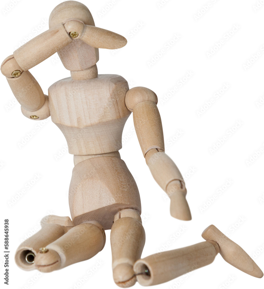 Wooden 3d figurine sitting with hand on head Wooden 3d figurine sitting with hand on head