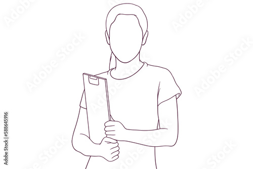 Young Woman Holding a Folder. Business and Office Concept. Hand Drawn Vector Illustration