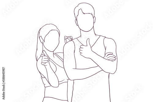 Young Couple in Sportswear. Fitness and Exercise Concept. Hand Drawn Vector Illustration
