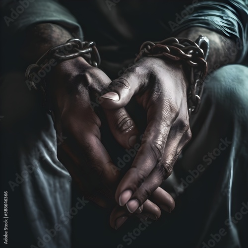 Photo A close-up shot of a man's hands in handcuffs, Generative AI