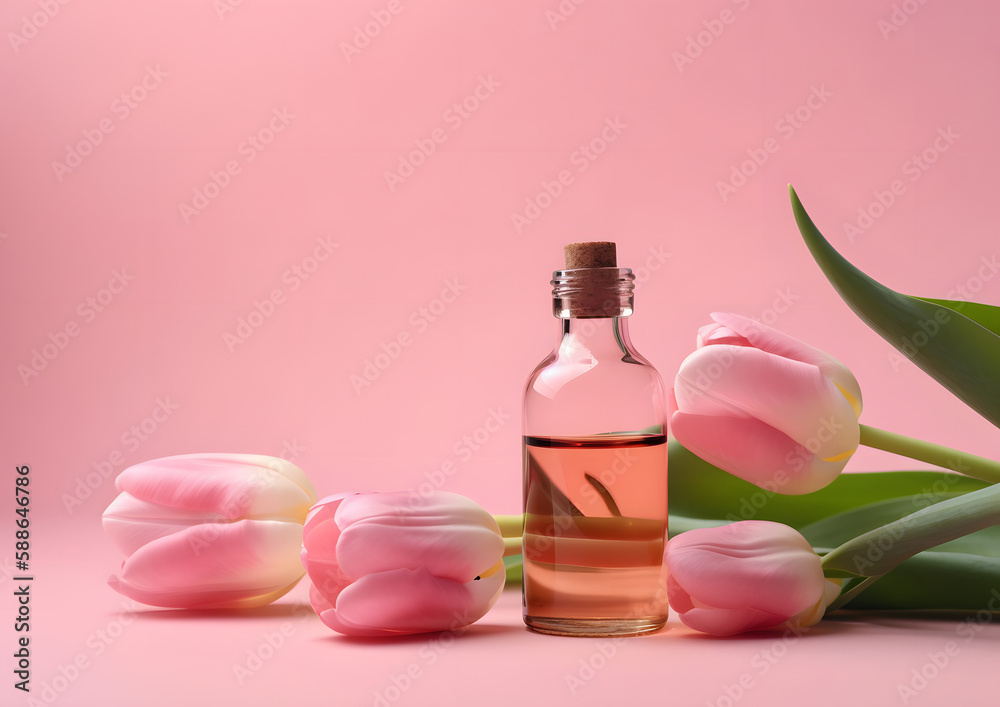 Aromatic Essential Oil in Glass Bottle with Beautiful Fresh Tulip Flowers isolated on pink background, Generative AI Aromatic Essential Oil in Glass Bottle with Beautiful Fresh Tulip Flowers isolated on pink background, Generative AI