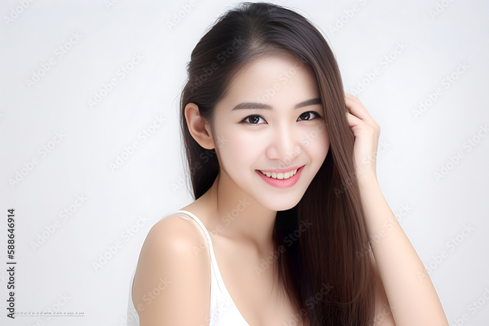 Beautiful Asian Woman, Close up on her face with Smooth skin look at the camera on a White background in Studio light. generative AI Beautiful Asian Woman, Close up on her face with Smooth skin look at the camera on a White background in Studio light. generative AI