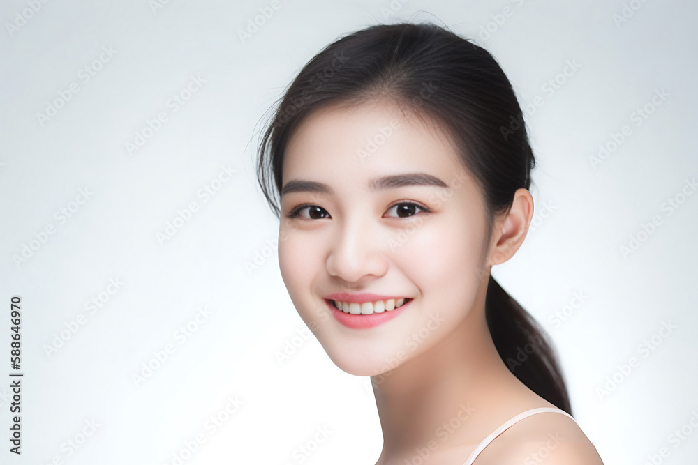 Beautiful Asian Woman, Close up on her face with Smooth skin look at the camera on a White background in Studio light. generative AI Beautiful Asian Woman, Close up on her face with Smooth skin look at the camera on a White background in Studio light. generative AI